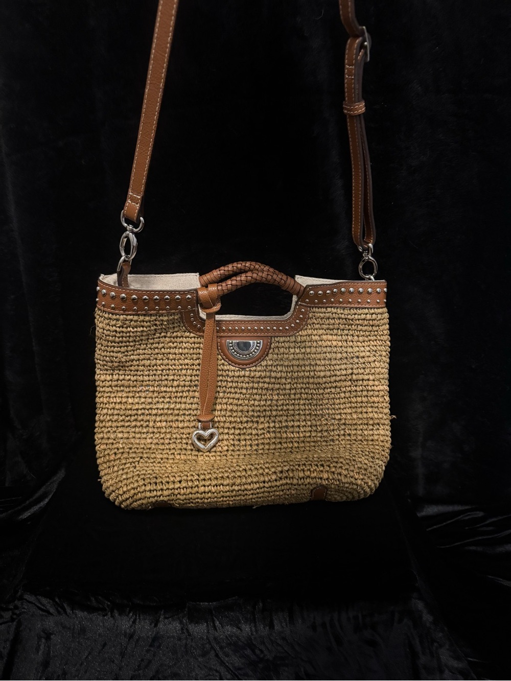 Brighton Woven Straw Shoulder Bag with Brown Trim
